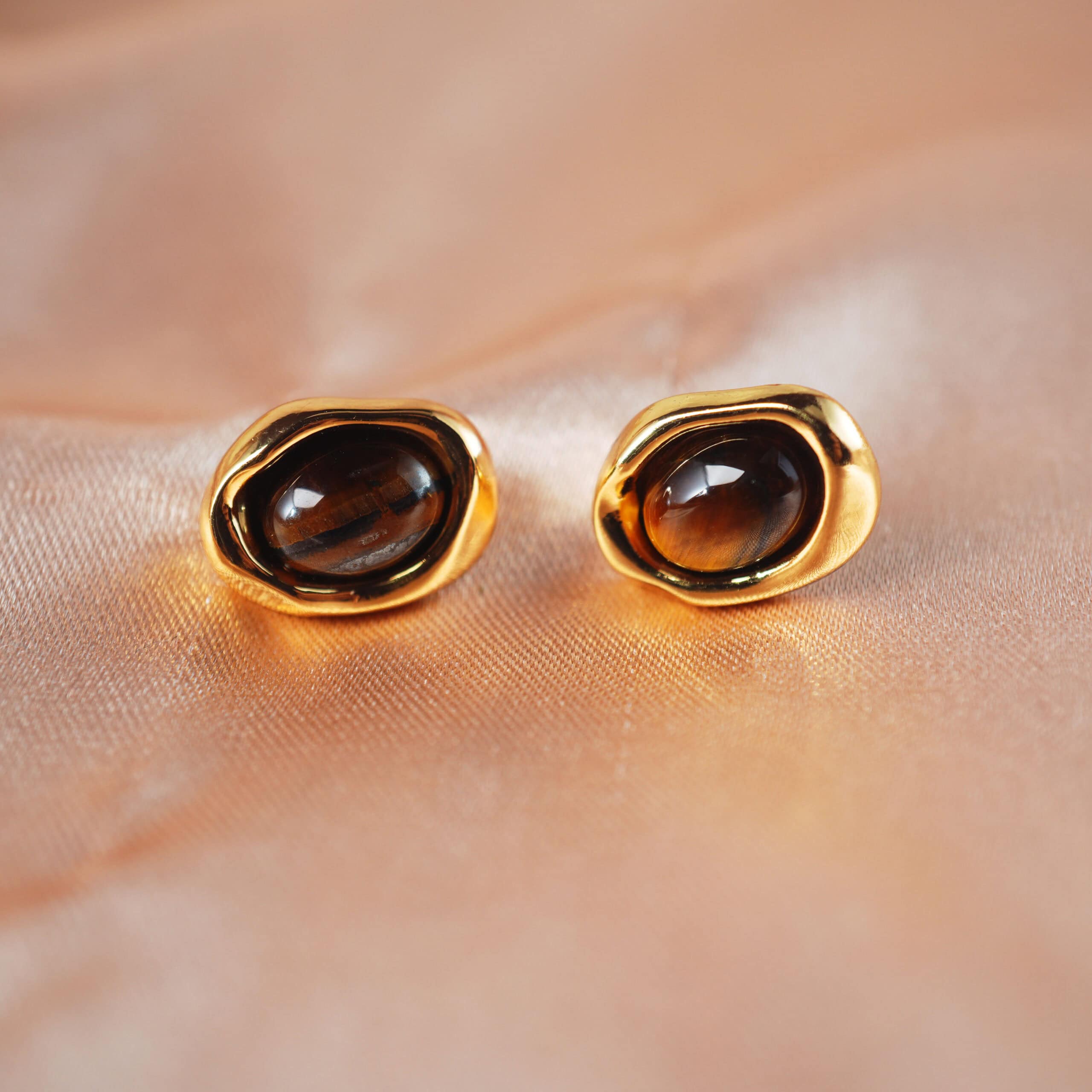 18k-gold-plated-tiger-eye-stud-earrings-02 Pair of tiger eye stud earrings with 18K gold-plated