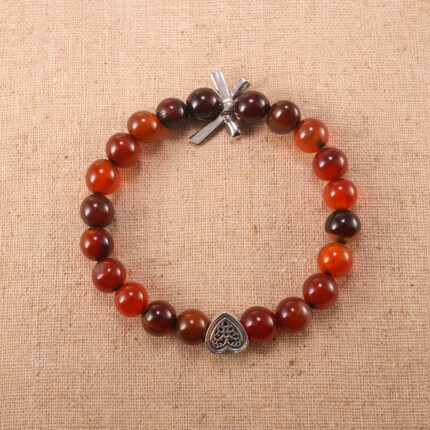 Handmade 8mm Red Agate Bracelet with Heart-Shaped Charm