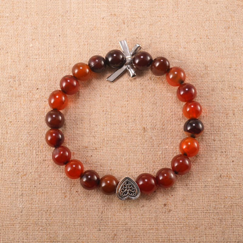 Handmade 8mm Red Agate Bracelet with Heart-Shaped Charm