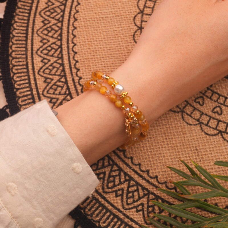 Double-layer Tiger Eye bracelet worn on wrist – adjustable and elegant look