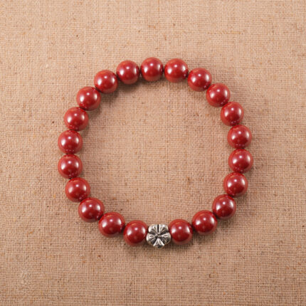 Handmade cinnabar bracelet with detailed red flower beads
