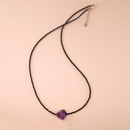 Amethyst and black tourmaline dainty necklace on a soft or white background