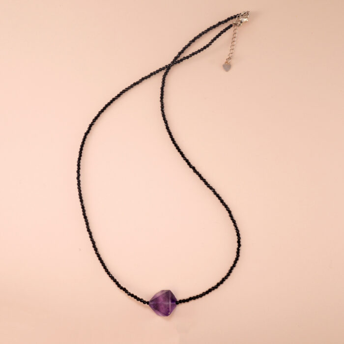 Amethyst and black tourmaline dainty necklace on a soft or white background