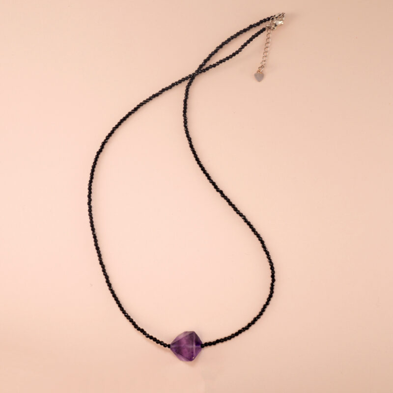 Amethyst and black tourmaline dainty necklace on a soft or white background
