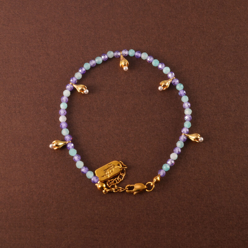 Adjustable aquamarine amethyst and pearl beaded bracelet