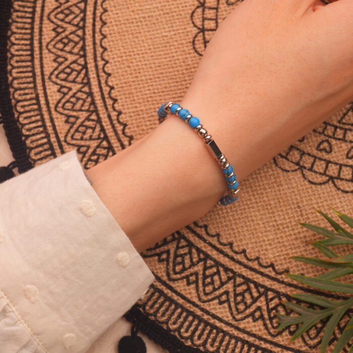 Wearing Blue Turquoise 4mm Bracelet – Natural Crystal Beads for Calm and Strength