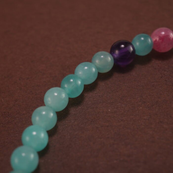 Close-up of Amazonite, Amethyst, Rhodochrosite, and Garnet Beads on Charm Bracelet