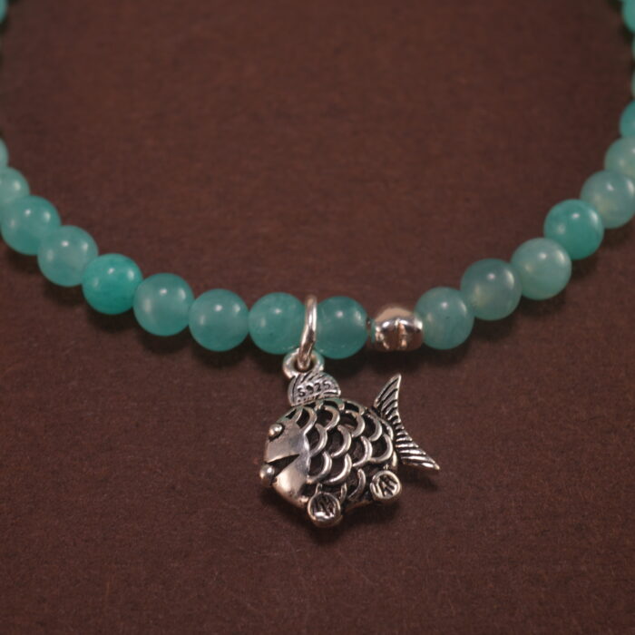Close-up of Amazonite, Amethyst, Rhodochrosite, and Garnet Beads on Charm Bracelet