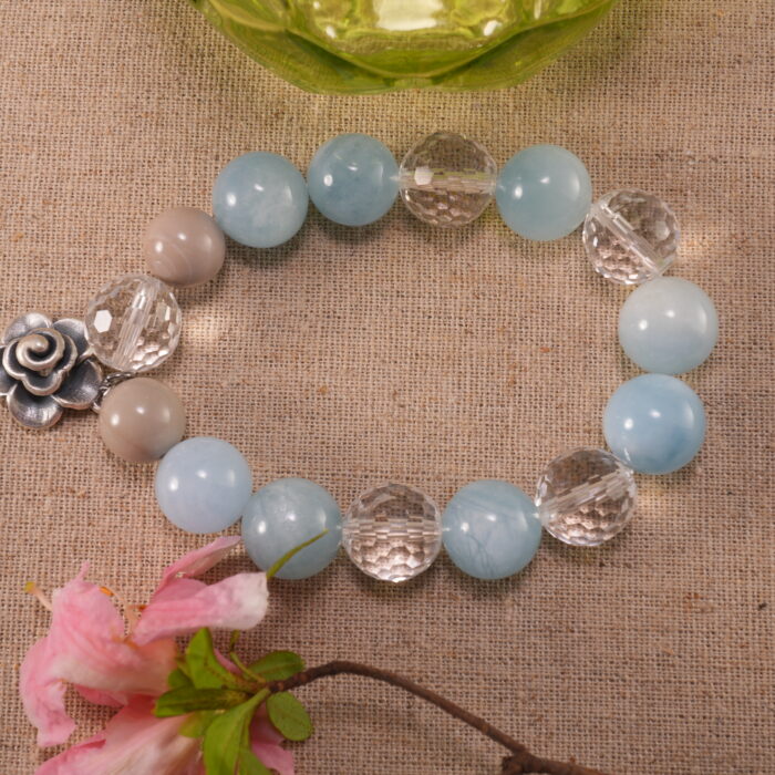Aquamarine & Clear Quartz Bracelet in Natural Light – Calming and Feminine Energy