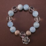 Aquamarine and Clear Quartz Bracelet with Oxidized Silver Flower Charm – Handmade Crystal Jewelry