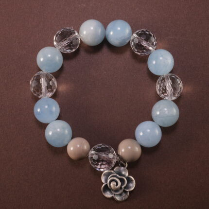 Aquamarine and Clear Quartz Bracelet with Oxidized Silver Flower Charm – Handmade Crystal Jewelry