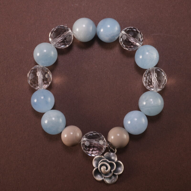 Aquamarine and Clear Quartz Bracelet with Oxidized Silver Flower Charm – Handmade Crystal Jewelry