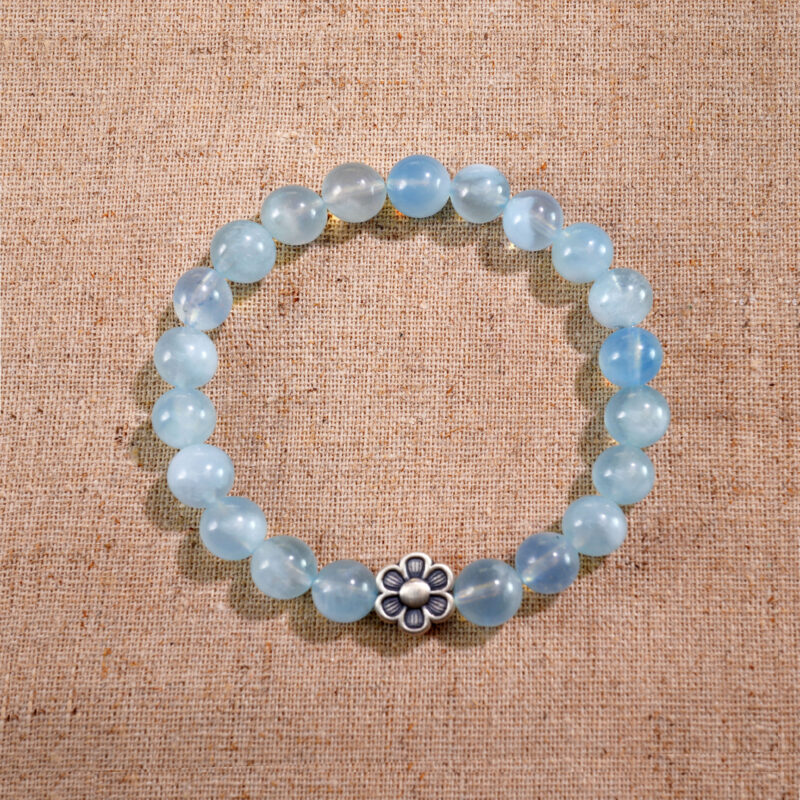 Aquamarine Beaded Bracelet with Oxidized Silver Flower Charm – Minimal Jewelry