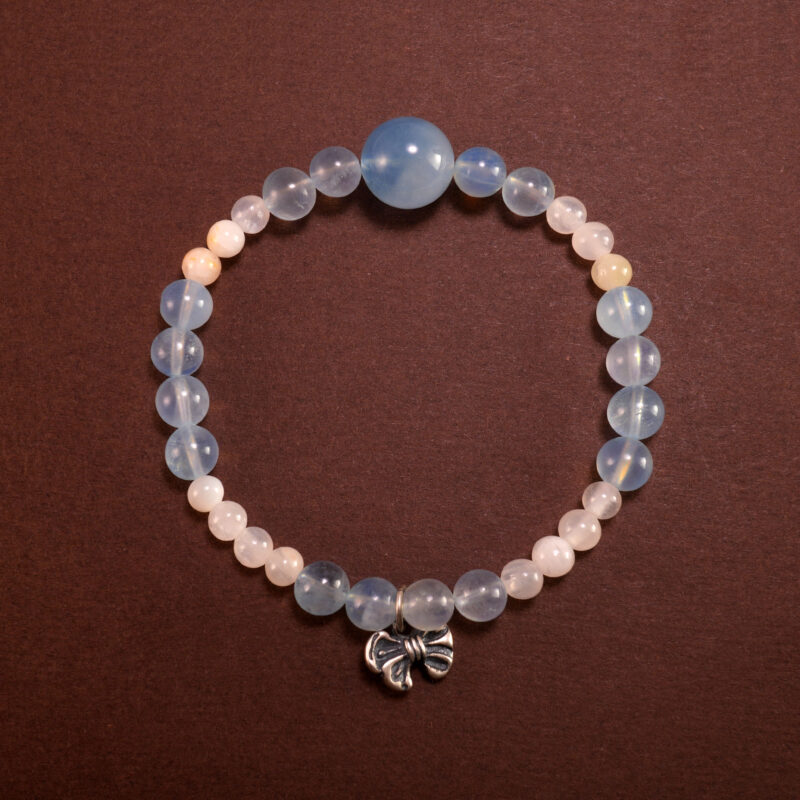 Aquamarine and Chalcedony Bracelet with Bow Charm – Handmade Feminine Jewelry