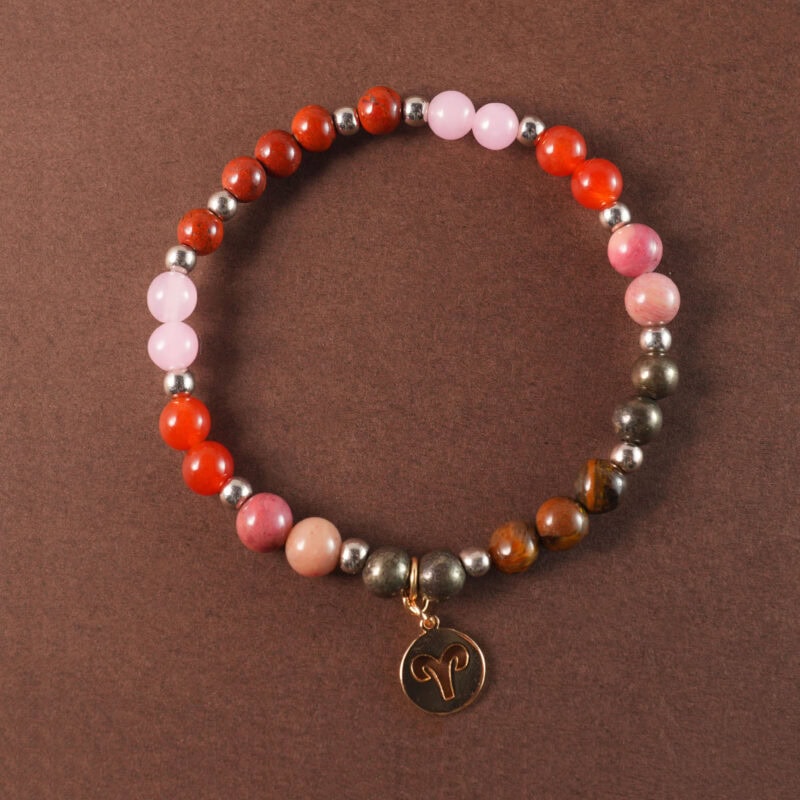 Aries Zodiac Crystal Bracelet with Red Agate, Rose Quartz, Pyrite, and Tiger Eye