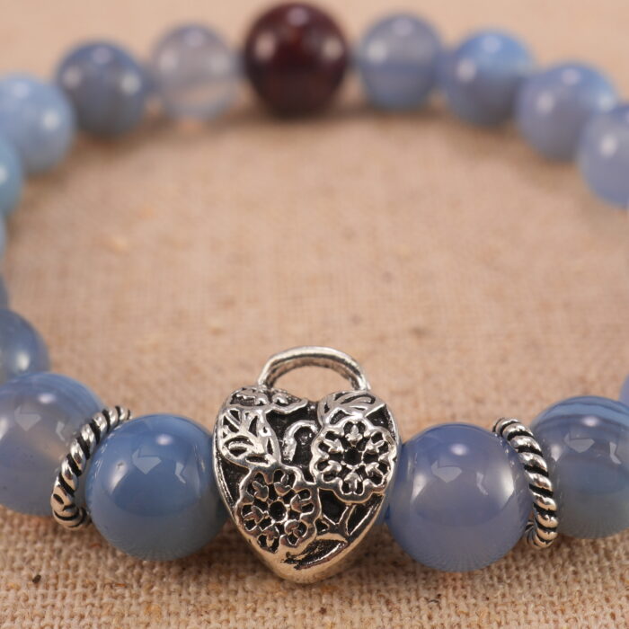 Close-up of Blue Banded Agate Beads and Silver Details – Calming Crystal Bracelet