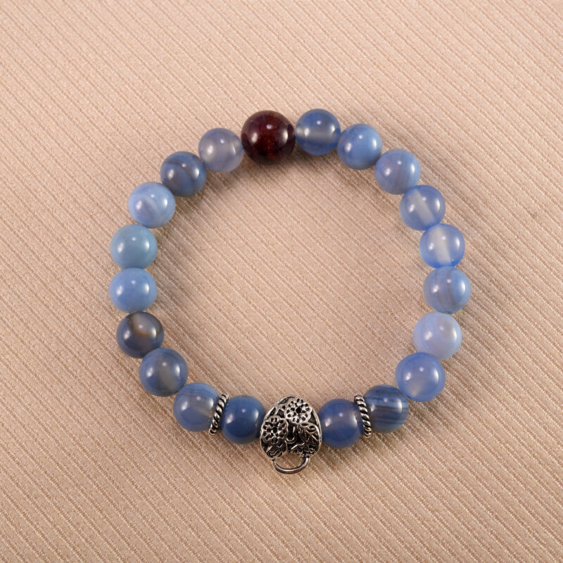 Blue Banded Agate Bracelet with Silver Accents – Handmade Beaded Crystal Jewelry
