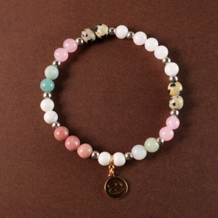Cancer bracelet featuring aventurine, rhodochrosite, rose quartz, and white chalcedony