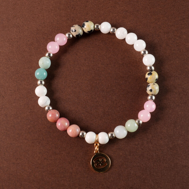 Cancer bracelet featuring aventurine, rhodochrosite, rose quartz, and white chalcedony