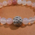 Close-up of 8mm red agate and white chalcedony beads with sterling silver accents
