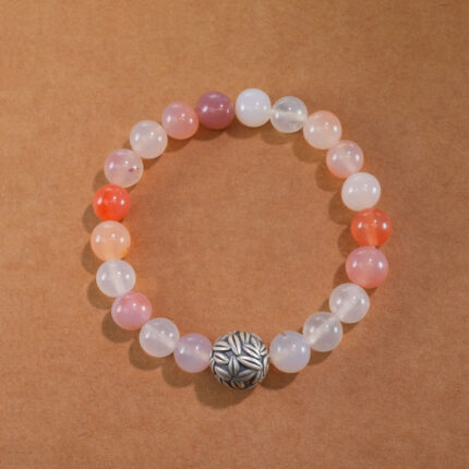 8mm white chalcedony and red agate bracelet on white background – handmade natural stone jewelry