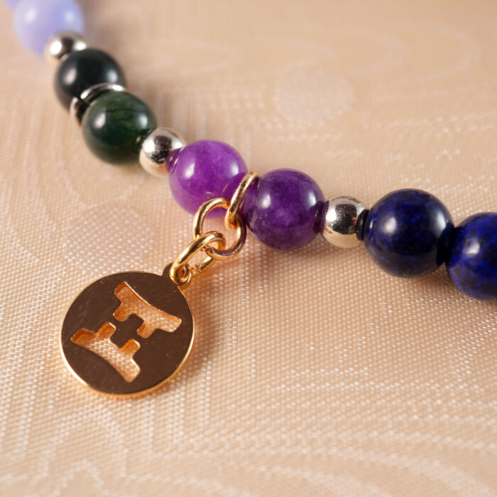 Detailed view of blue lace agate, dream amethyst, and prehnite beads showing color and texture
