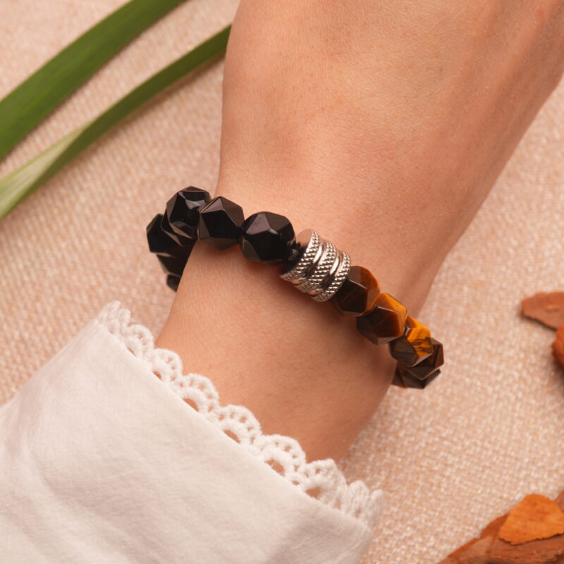 Wearing Tiger Eye & Obsidian Faceted Bracelet – Bold 8mm Crystal Beads for Men