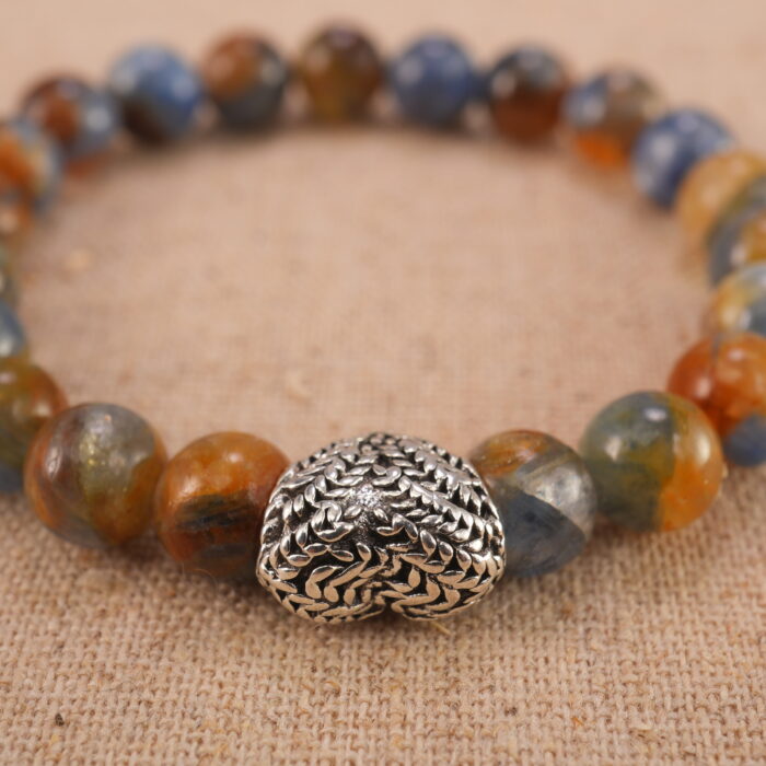 Close-up of Kyanite Beads and Heart Charm – Natural Beaded Bracelet