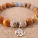 Close-up of Landscape Stone and Blue Chalcedony beads with S925 sterling silver flower charm