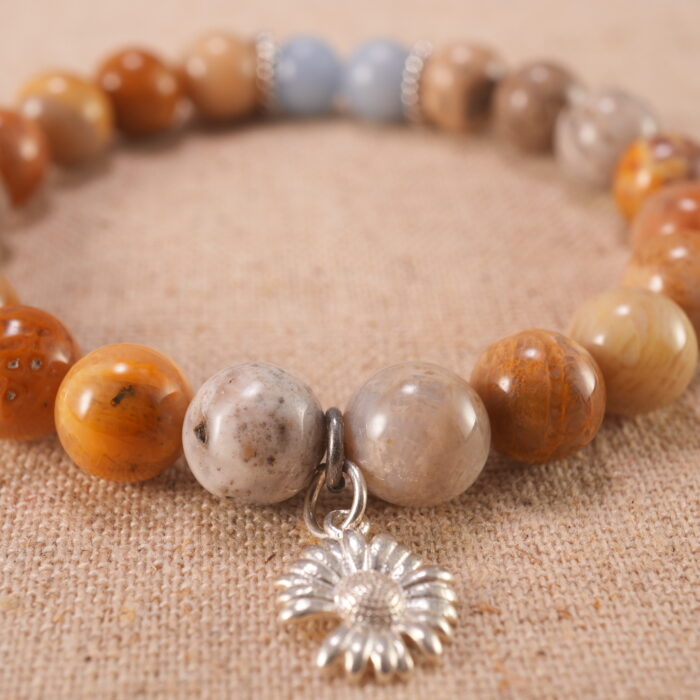 Close-up of Landscape Stone and Blue Chalcedony beads with S925 sterling silver flower charm