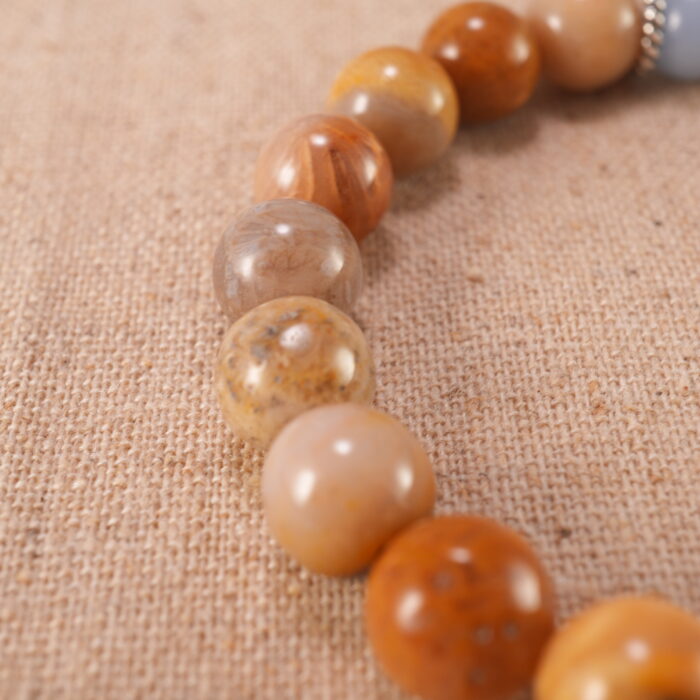Close-up of Landscape Stone and Blue Chalcedony beads with S925 sterling silver flower charm