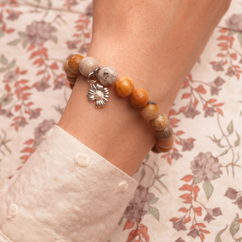 Person wearing Landscape Stone & Blue Chalcedony S925 Bracelet, demonstrating its steadying energy and minimalist style
