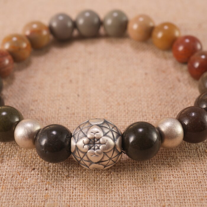Close-up of genuine landscape stone beads with durable S925 sterling silver accents
