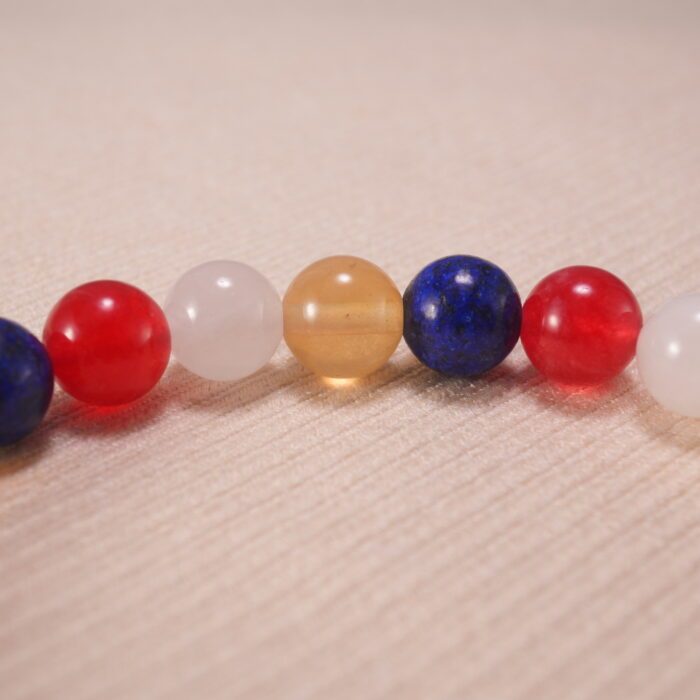 Close-up of Handmade Lapis Lazuli, Red Agate, Citrine & White Chalcedony beads with S925 sterling silver accents