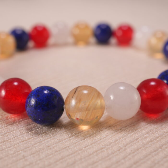 Close-up of Handmade Lapis Lazuli, Red Agate, Citrine & White Chalcedony beads with S925 sterling silver accents
