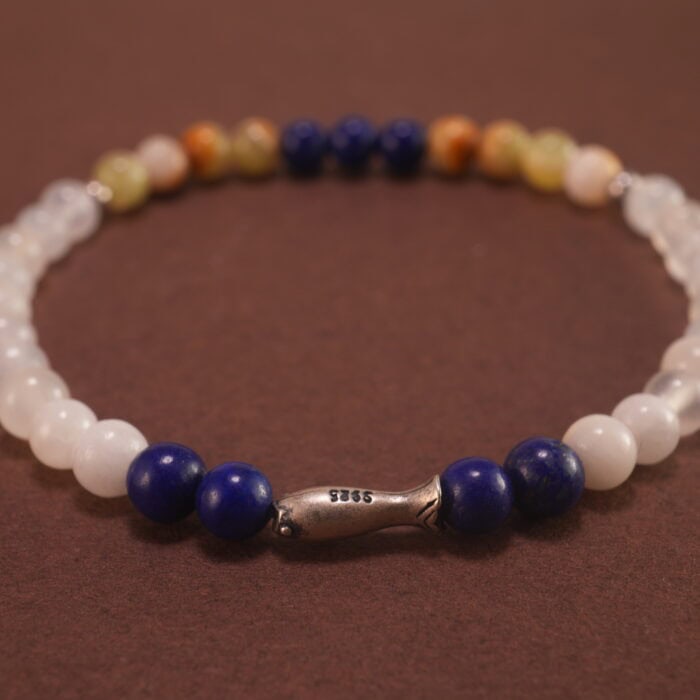 Close-up view of polished 4mm beads in deep blue, white, and pale green