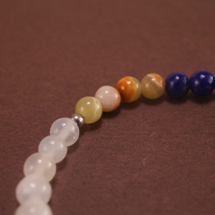 Close-up view of polished 4mm beads in deep blue, white, and pale green