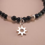 Close-up of Blue Tiger Eye Beads and Sterling Silver Charm – 4mm Gemstone Bracelet
