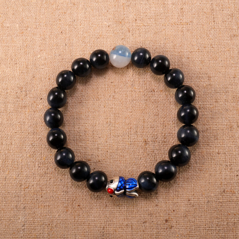 Blue Tiger Eye 8mm Bracelet with S925 Fish Charm – Protective Crystal Jewelry for Focus and Flow