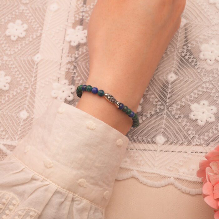 Wearing Lapis & Malachite Beaded Bracelet – 4mm Natural Crystal Jewelry for Inner Strength