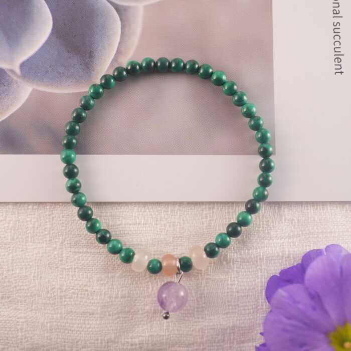 Malachite and Amethyst Bracelet in Natural Light – Lucky 4mm Beaded Jewelry with Charm