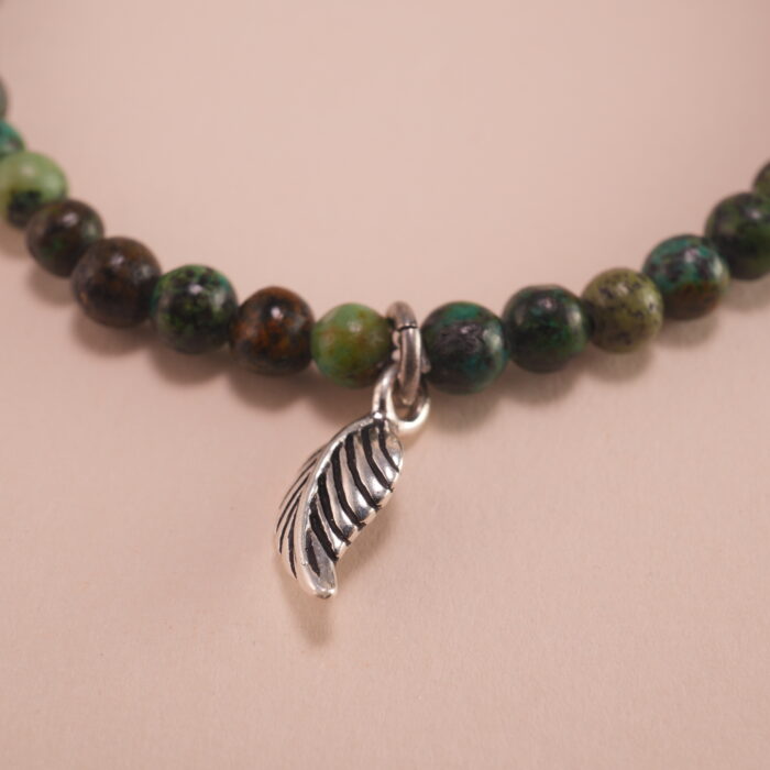 Close-up of Green Jade Beads and Leaf Charm – 4mm Gemstone Bracelet