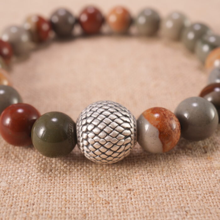 Close-up of Landscape Stone Beaded Bracelet showing S925 sterling silver accents and authentic landscape stone beads