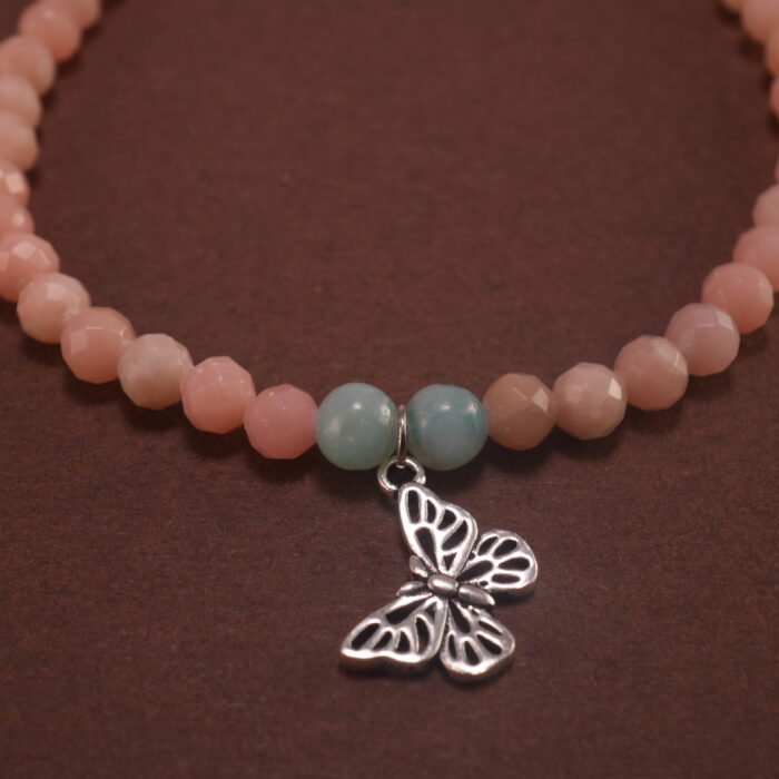 Close-up of Chalcedony Beads and Butterfly Charm – Crystal Charm Bracelet