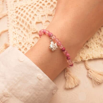 Wearing Pink Chalcedony Charm Bracelet – Soft and Elegant Crystal Jewelry