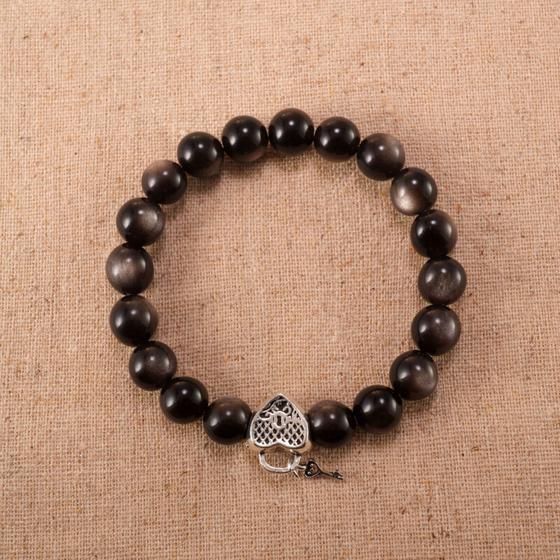 8mm silver obsidian bracelet with S925 silver clasp on a clean white background