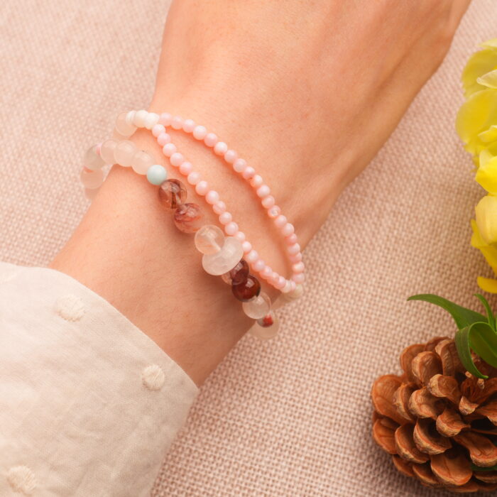 Wearing Double Wrap Bracelet with Red Phantom and Rose Quartz – Love and Grounding Energy