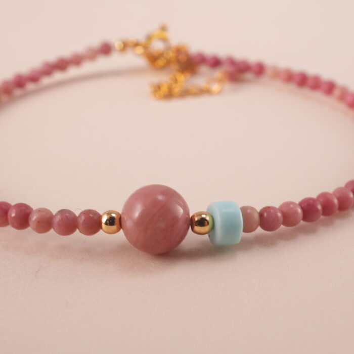 Close-up of the Rhodochrosite stone beads and adjustable cord