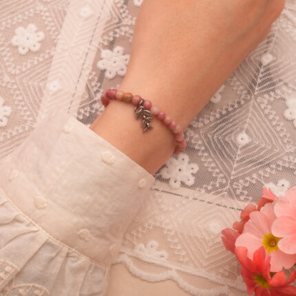 Wearing Rhodochrosite Bracelet with Leaf Charm – Gentle Heart Healing Crystal Jewelry