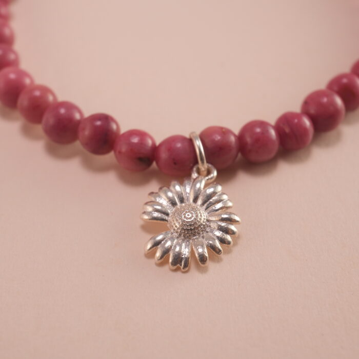 Close-up of Rhodochrosite, Turquoise Beads and Flower Charm – Elegant Gemstone Charm Bracelet